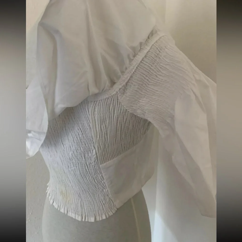 ZARA Womens Junior Girls Size L White Cropped Top Blouse Short Ruffle Sleeve - Picture 6 of 16